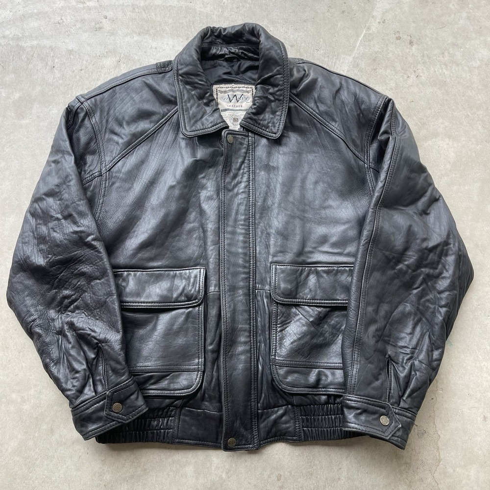 Vintage Winlit Black Leather Bomber A-2 Flight Jacket size Large 90s Aviator
